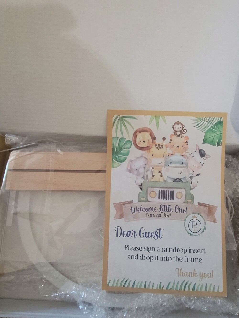 Wooden Baby Shower Guestbook Frame with Jungle Theme Card - Neutral Wood